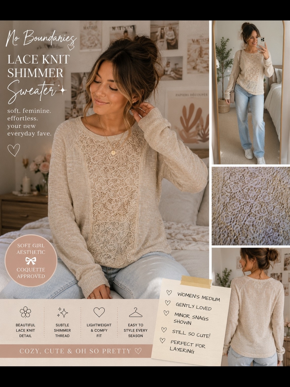 No Boundaries Beige Lace Knit Shimmer Sweater Women’s Medium Soft Girl Top